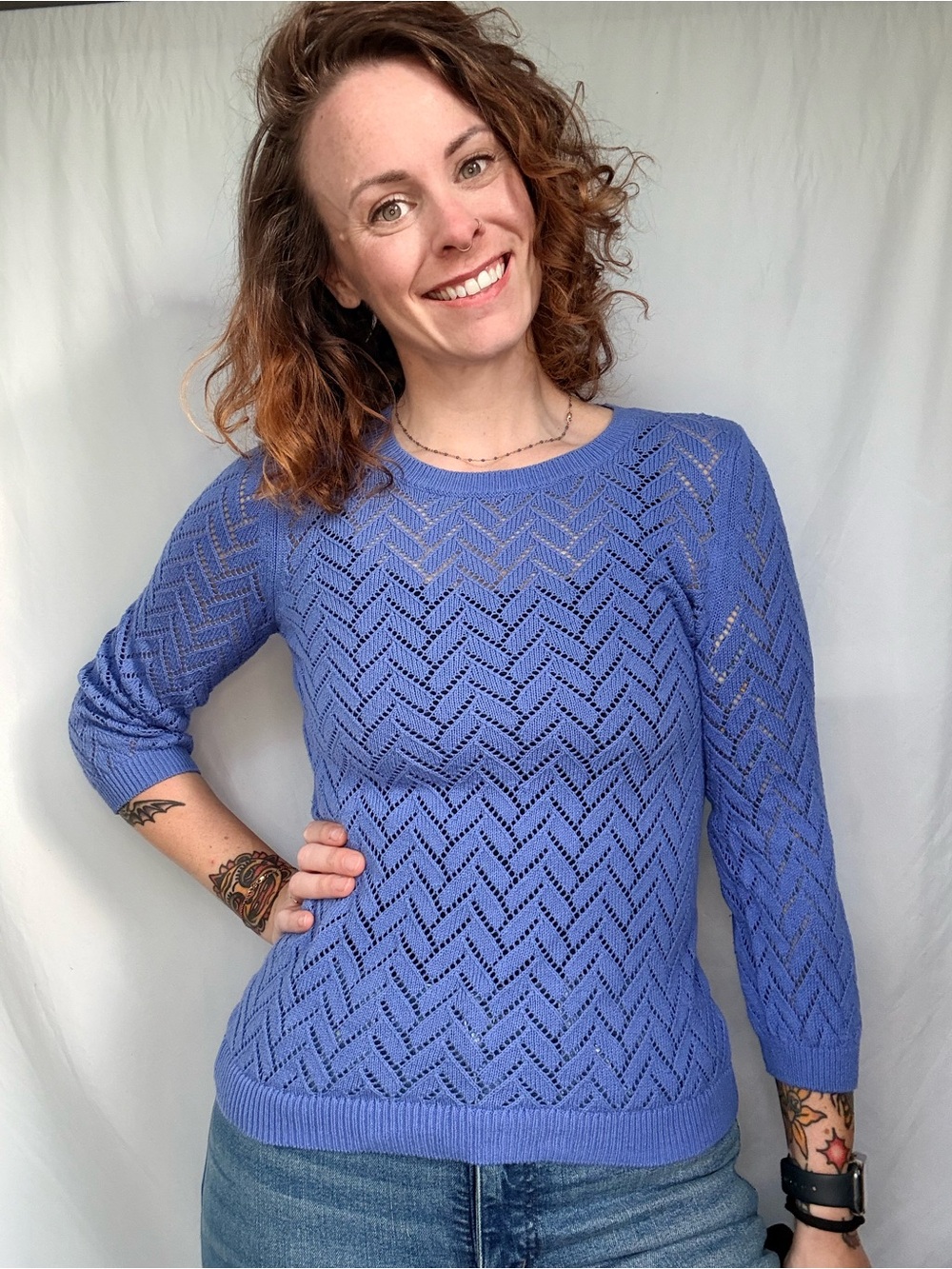 Talbots Periwinkle Blue Open-Knit Crewneck Sweater